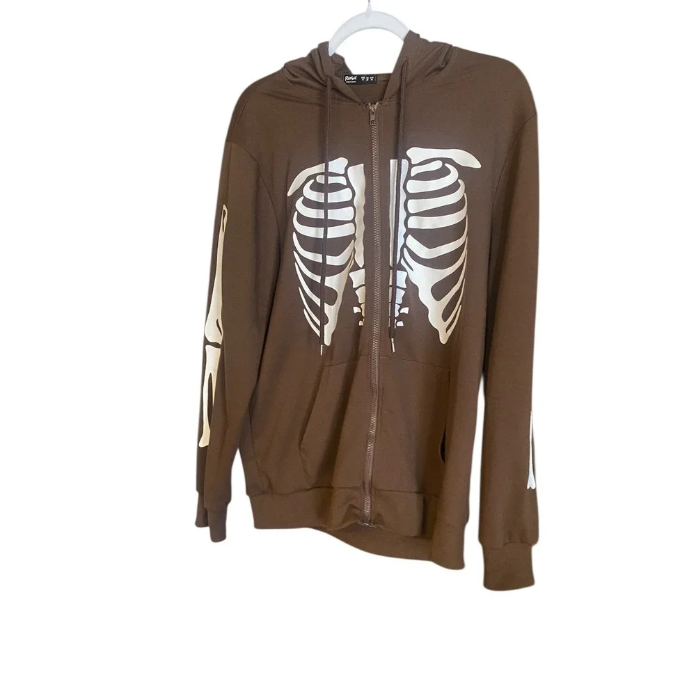 ROMWE Brown Skeleton Rib Cage Zip Up Hoodie Jacket Long Sleeve‎ Size M
